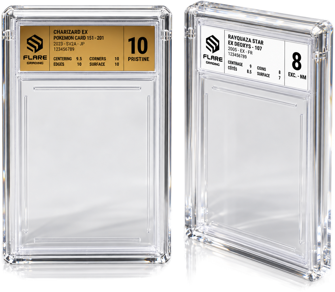 Deux boîtiers Flare Grading : étiquette Gold note 10 Pristine et étiquette Black note 8
